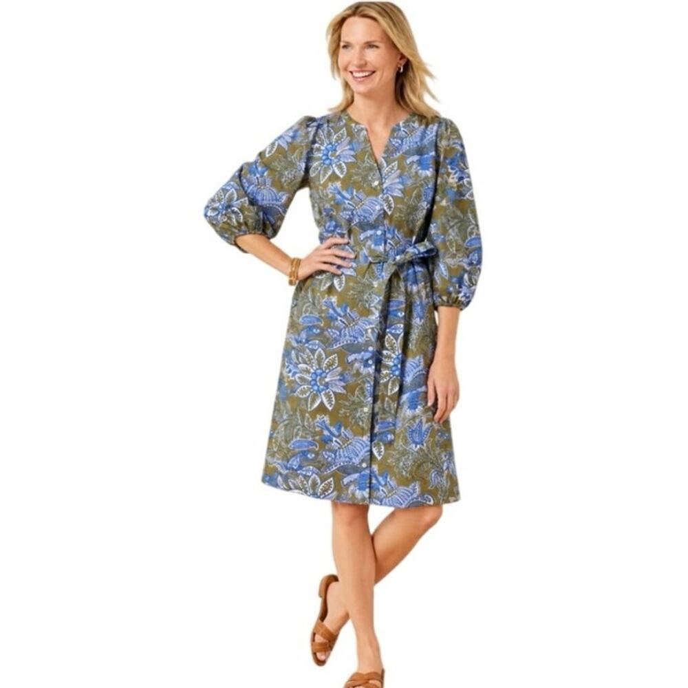 Talbots Floral Cotton Belted Shirtdress Blue Olive Puff Sleeve Dress Size 10